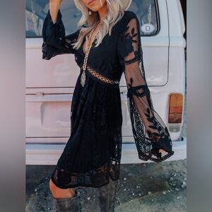 Black Lace Whimsygoth Fairy Bell Sleeve Dress Boho Western Southern Fried Chicks